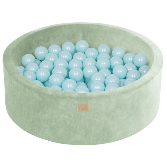 Ronde Ballenbak met 200 Babyblauwe Ballen, 90x30 cm – Saliegroen Fluweel