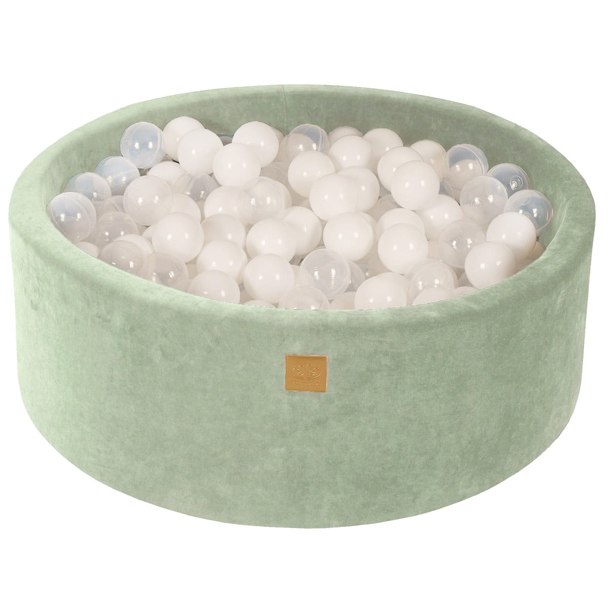 Ronde ballenbak met 200 witte/transparante ballen, 90x30 cm - Fluweel in de kleur Sage (saliegroen)