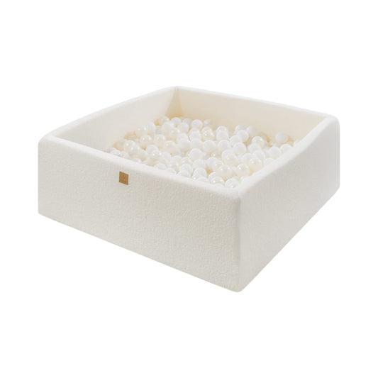 MeowBaby® Bouclé White Square Ball Pit 110x110x40 cm – 400 White Pearl Balls