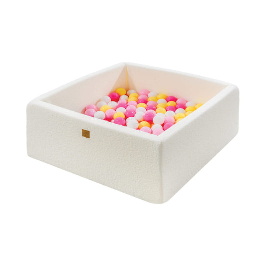 MeowBaby® Bouclé White Square Ball Pit 90x90x40 cm – 200 Pink, White & Yellow Balls