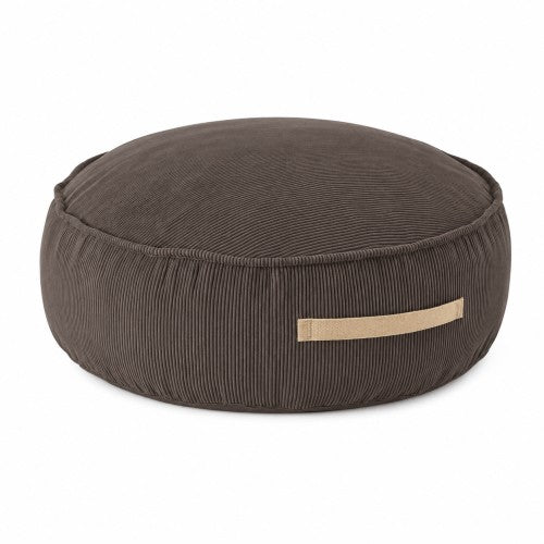MeowBaby ronde kinderpoef Corduroy Taupe met zachte schuimvulling en geribbelde taupekleurige bekleding