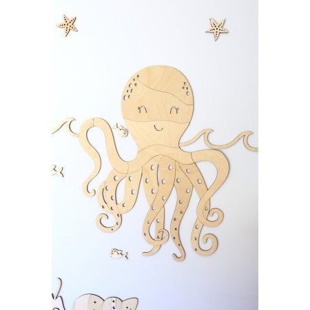 Houten octopus wanddecoratie voor de kinderkamer met schelpen, vissen en zeesterren uit de Ocean Collectie