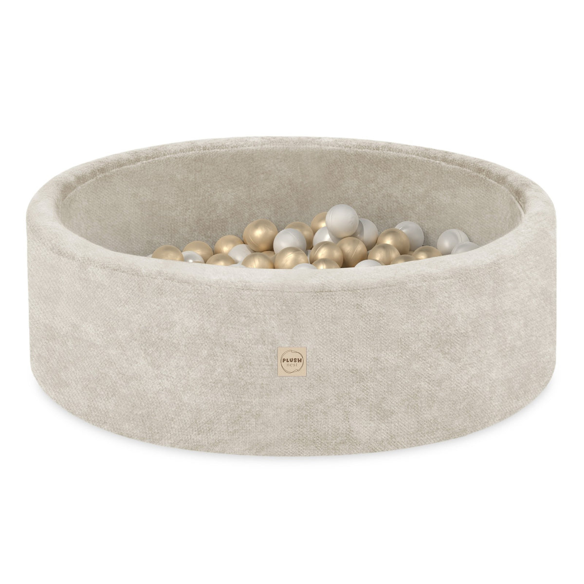Ronde beige chenille ballenbak 90 x 30 cm met 200 parel- en gouden speelballen