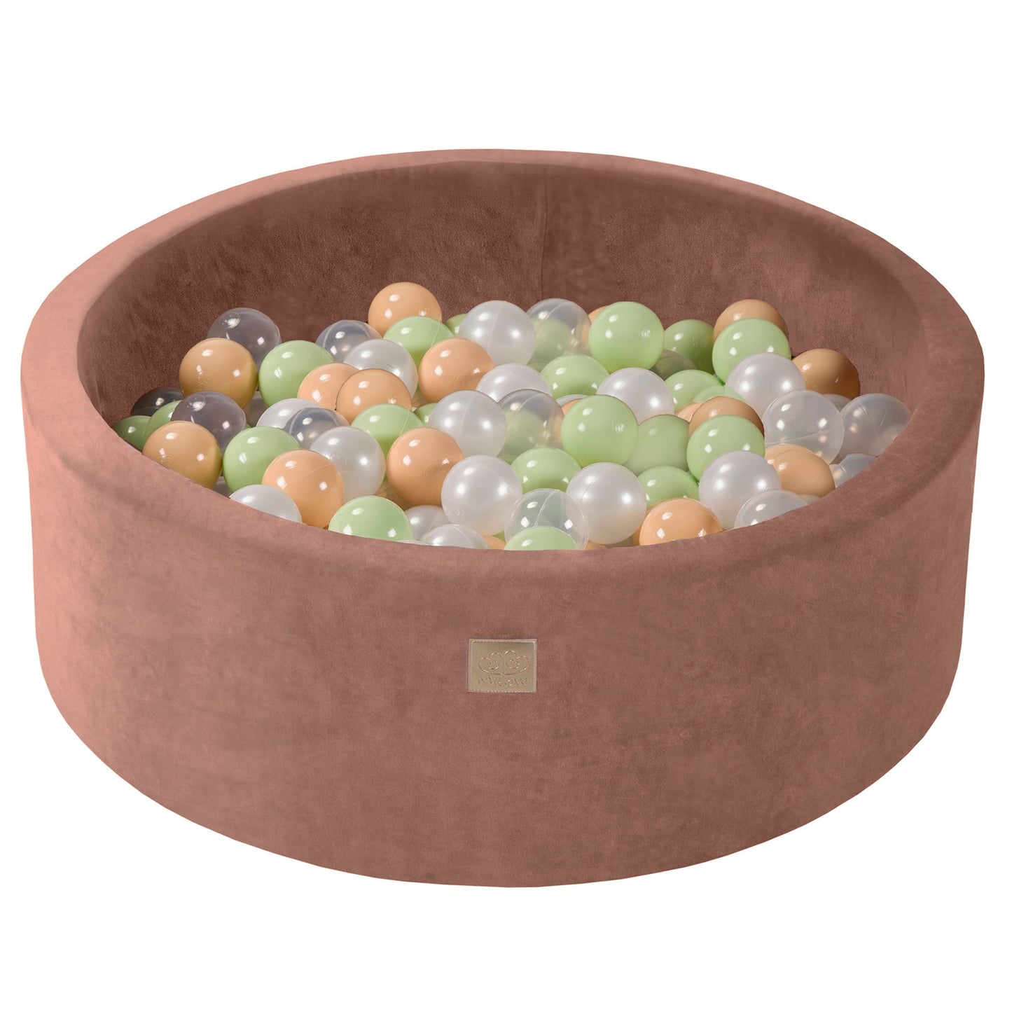MeowBaby beige velvet ballenbak van 90 cm met 200 lichtgroene, White Pearl, beige en transparante speelballen