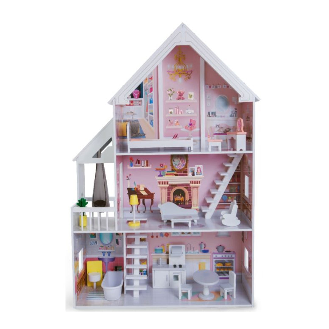 Gerardo’s Toys houten poppenhuis met LED-verlichting, drie verdiepingen, terras en 15 houten meubelstukken