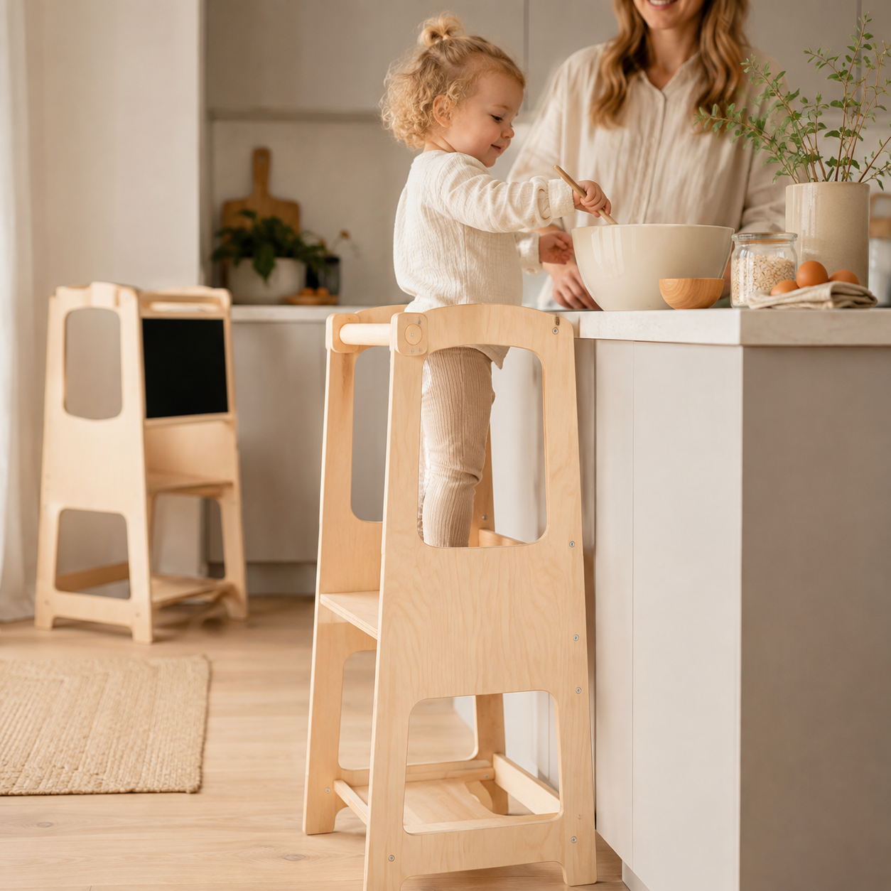 Peuter op houten Montessori leertoren helpt mee in de keuken tijdens het bakken met ouder