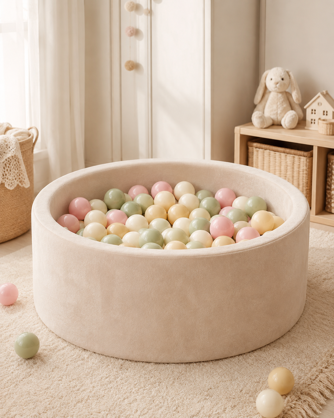 Beige ballenbak met pastel roze, groene, gele en witte ballen in een stijlvolle kinderkamer