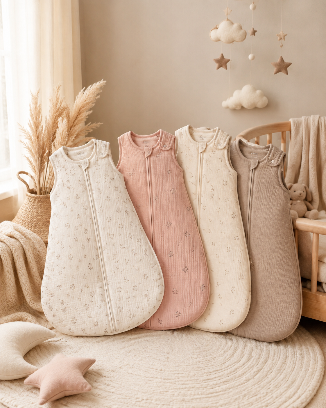 Babyslaapzakken in beige, crème, roze en taupe in een warme neutrale babykamer