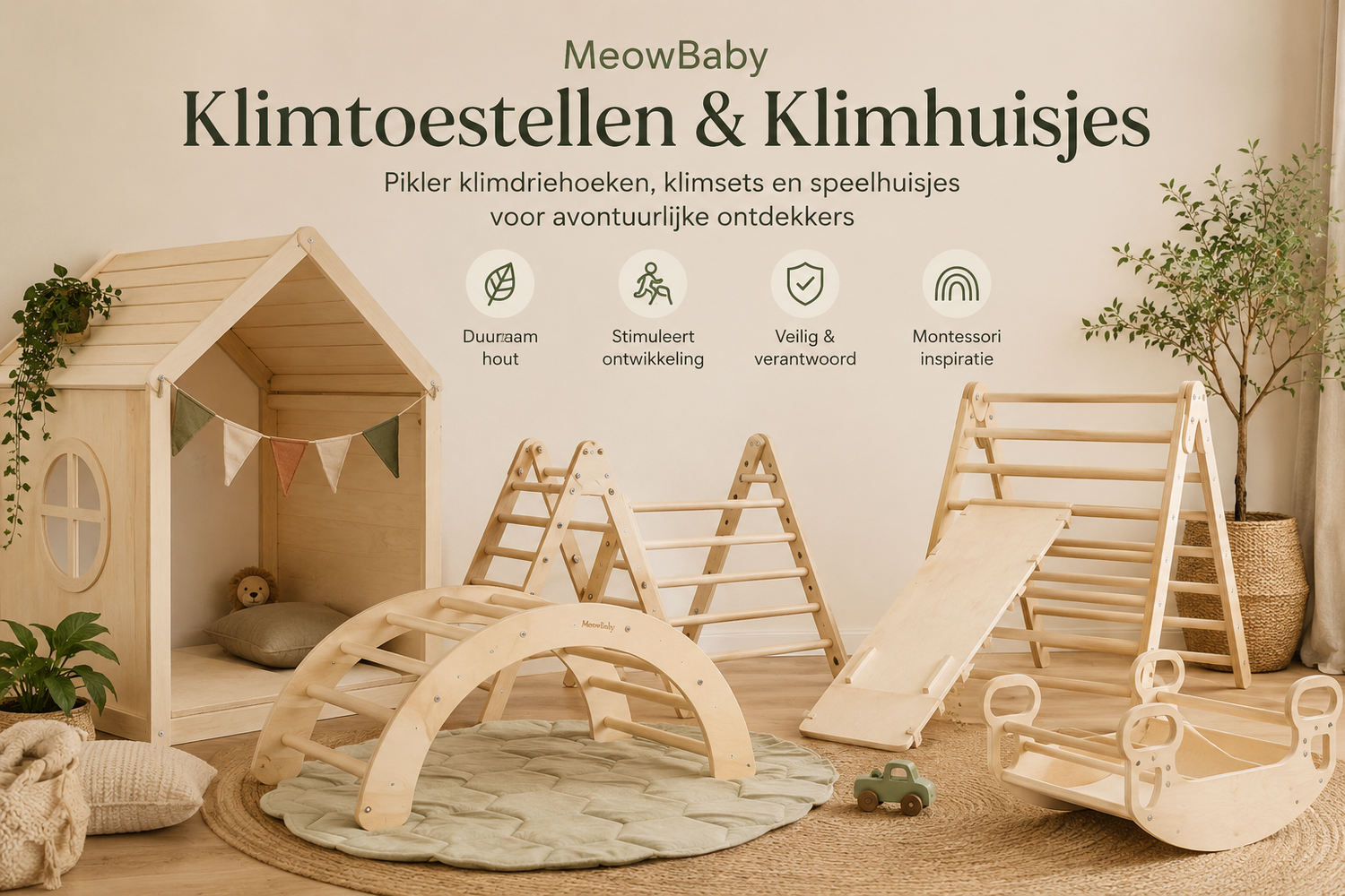 MeowBaby houten klimtoestellen en klimhuisjes voor kinderen met Pikler klimdriehoeken en Montessori speeltoestellen