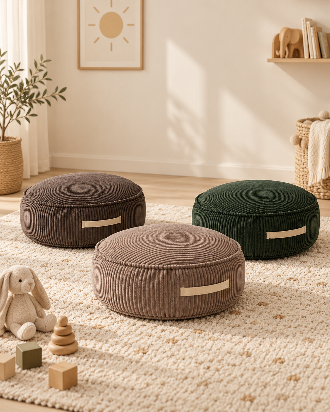 Ronde corduroy kinderpoefs in taupe, bruin en donkergroen in een rustige kinderkamer