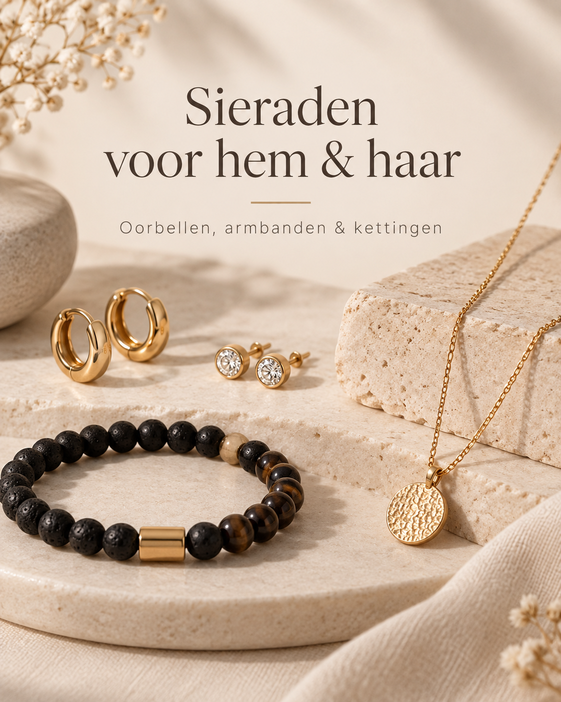 Collectie sieraden voor hem en haar met oorbellen, armband en ketting