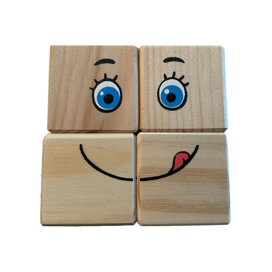 Vier Montessori houten emotieblokken van pijnboomhout waarmee meer dan 90 verschillende gezichtsuitdrukkingen gemaakt kunnen worden