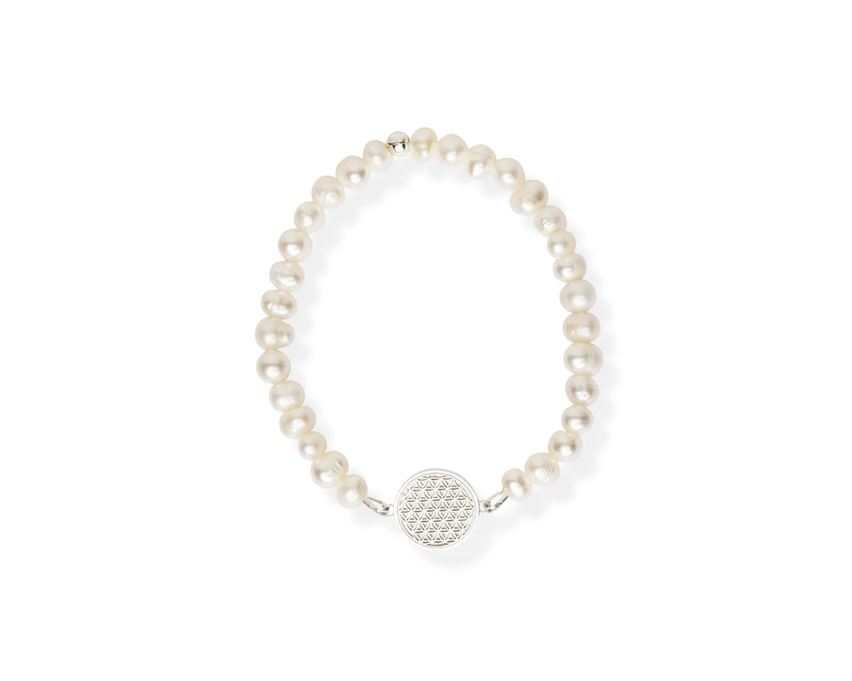 New Vintage by Kriss Flower of Life armband met witte parel en geometrisch zilverkleurig sieraadelement