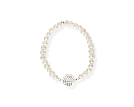New Vintage by Kriss Flower of Life armband met witte parel en geometrisch zilverkleurig sieraadelement