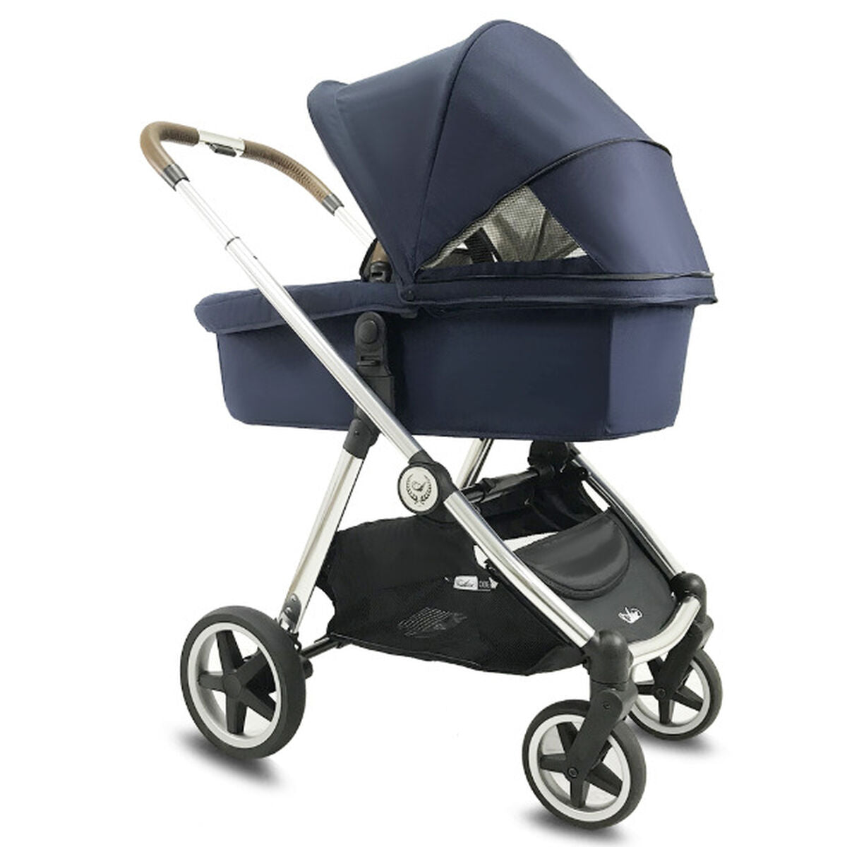 Blauwe Arrue kinderwagen met reiswieg, grote kap en licht metalen frame