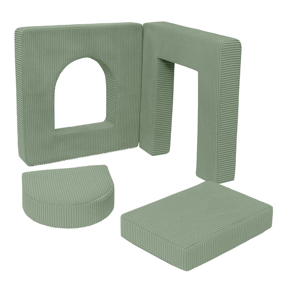 MeowBaby Aesthetic Soft Play Set olijfgroen als modulaire uitbreidingsset voor de 160 cm speelsofa met boog, tunnel en zachte schuimelementen
