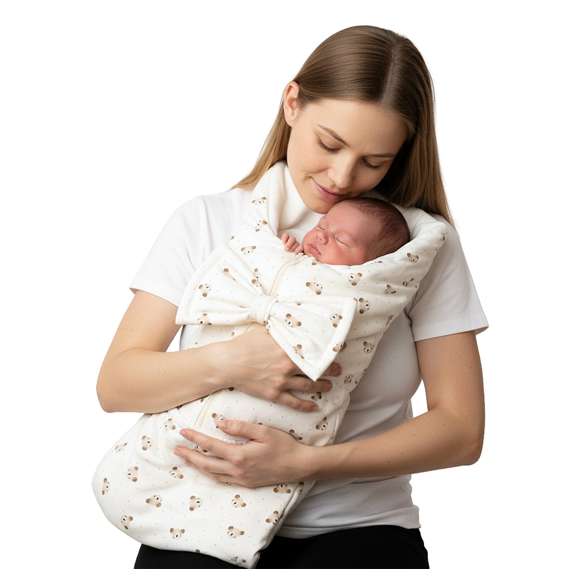 Beige witte babyslaapzak met strik voor baby's van 0 tot 6 maanden, ook te gebruiken als babydeken