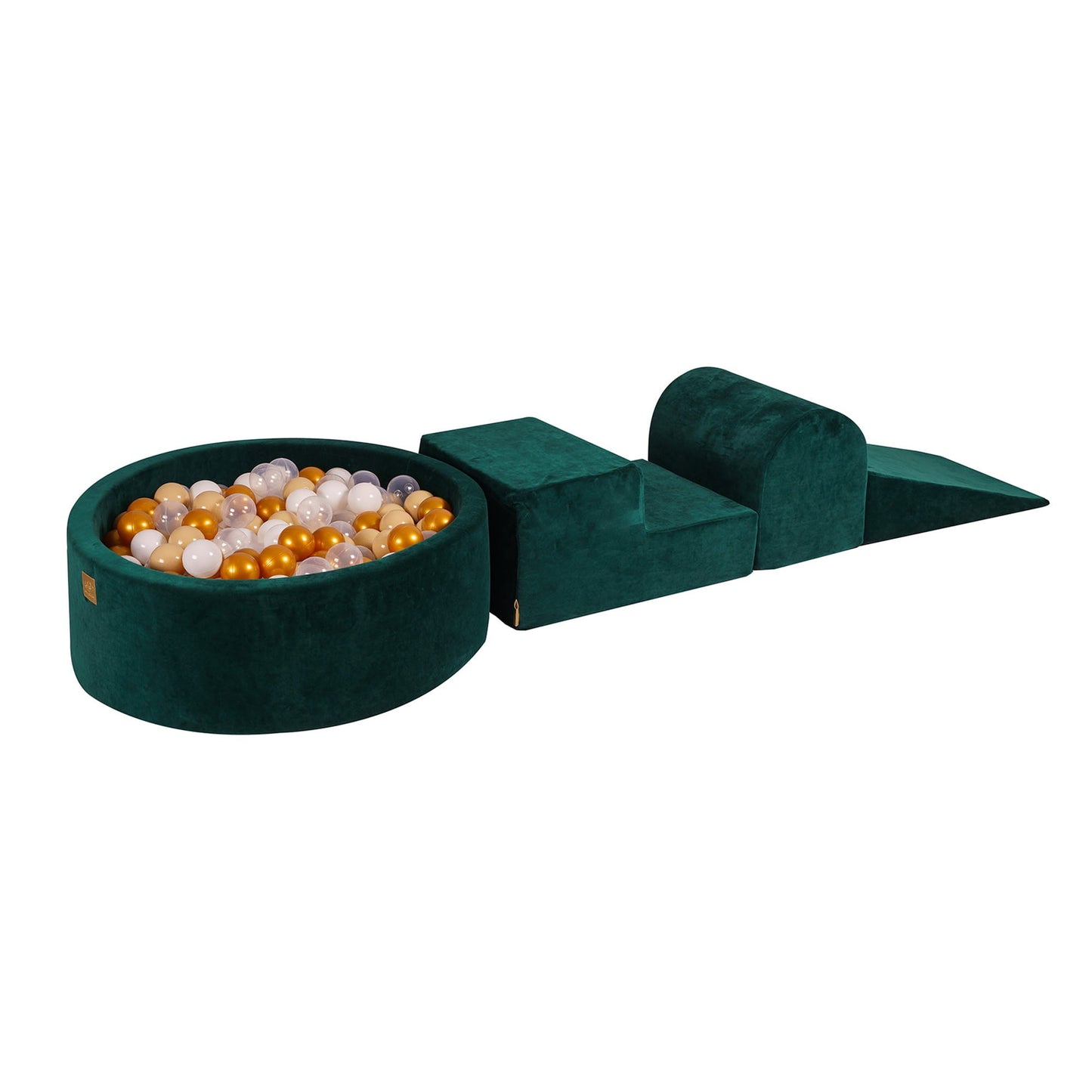 MeowBaby groene velvet foam speelset met ballenbak en 200 gouden, beige, witte en transparante speelballen