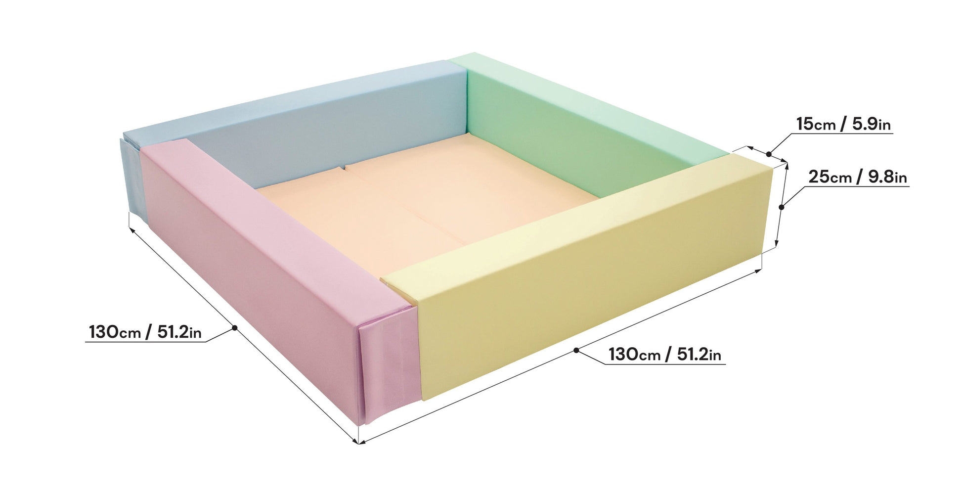 Afmetingen IGLU Foam Ballenbak Light Pastel 130x130 cm met 25 cm hoge zachte wanden