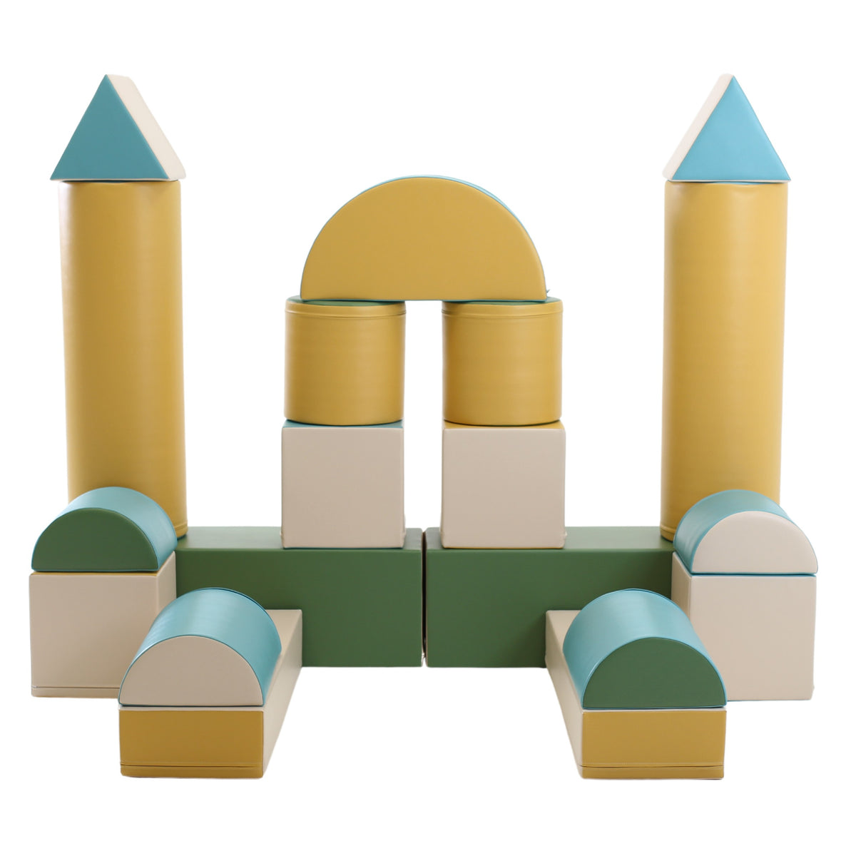 IGLU Fortress Soft Play Set Pastel Turquoise met modulaire foamblokken in turquoise, beige, honey en reseda green