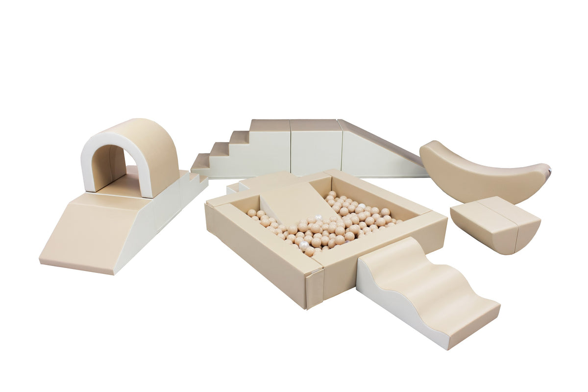 IGLU Party Soft Play Set Beige & White met XL klimvormen, tunnel, rocker en soft play ballenbak