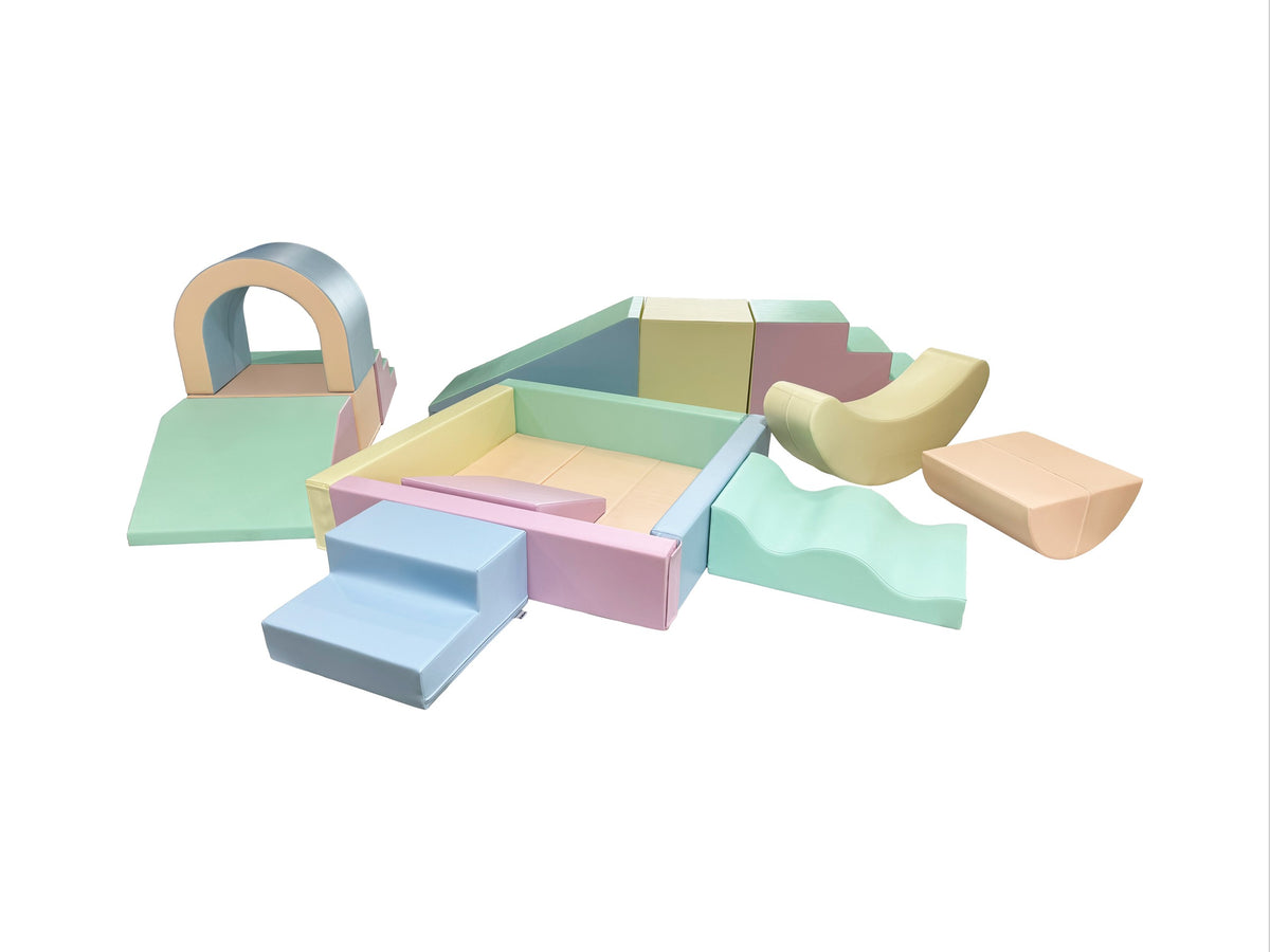 IGLU Party Soft Play Set Light Pastel met XL klimvormen, tunnel, rocker en soft play ballenbak