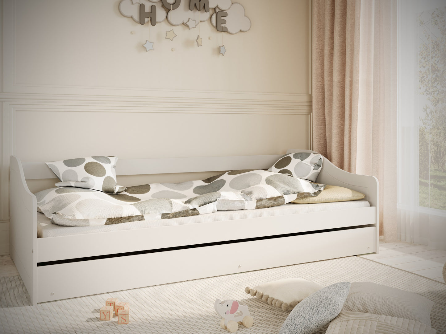Kocot Kids Blanka kinderbed wit 90x200 met onderschuifbed in een moderne kinderkamer