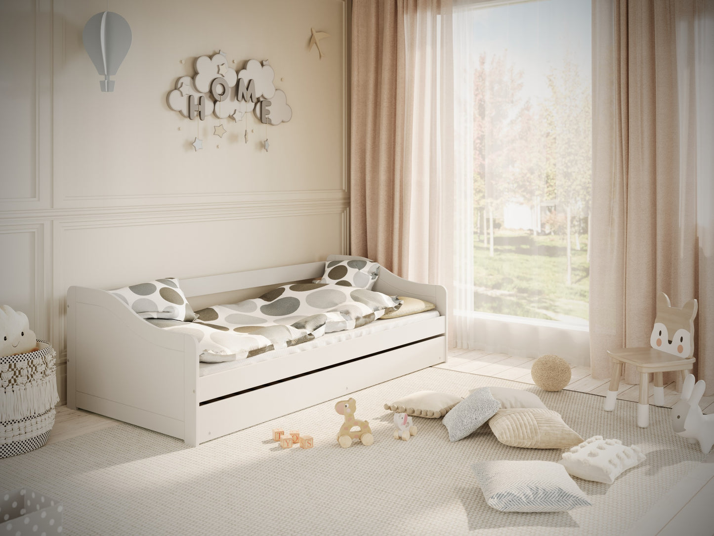 Kocot Kids Blanka kinderbed wit 90x200 met onderschuifbed in stijlvolle kinderkamer