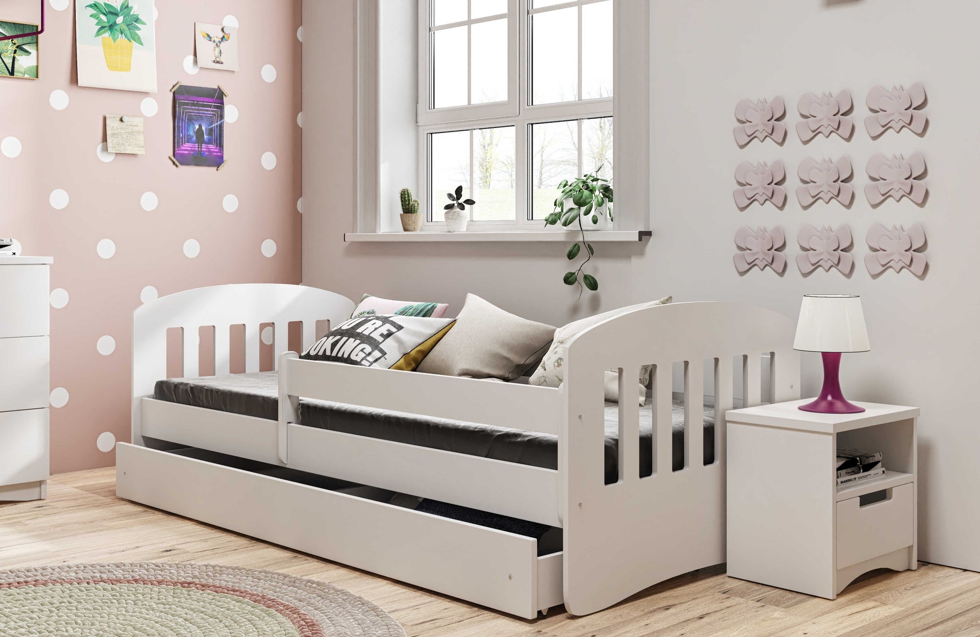 Kocot Kids Classic kinderbed wit met opberglade in moderne kinderkamer