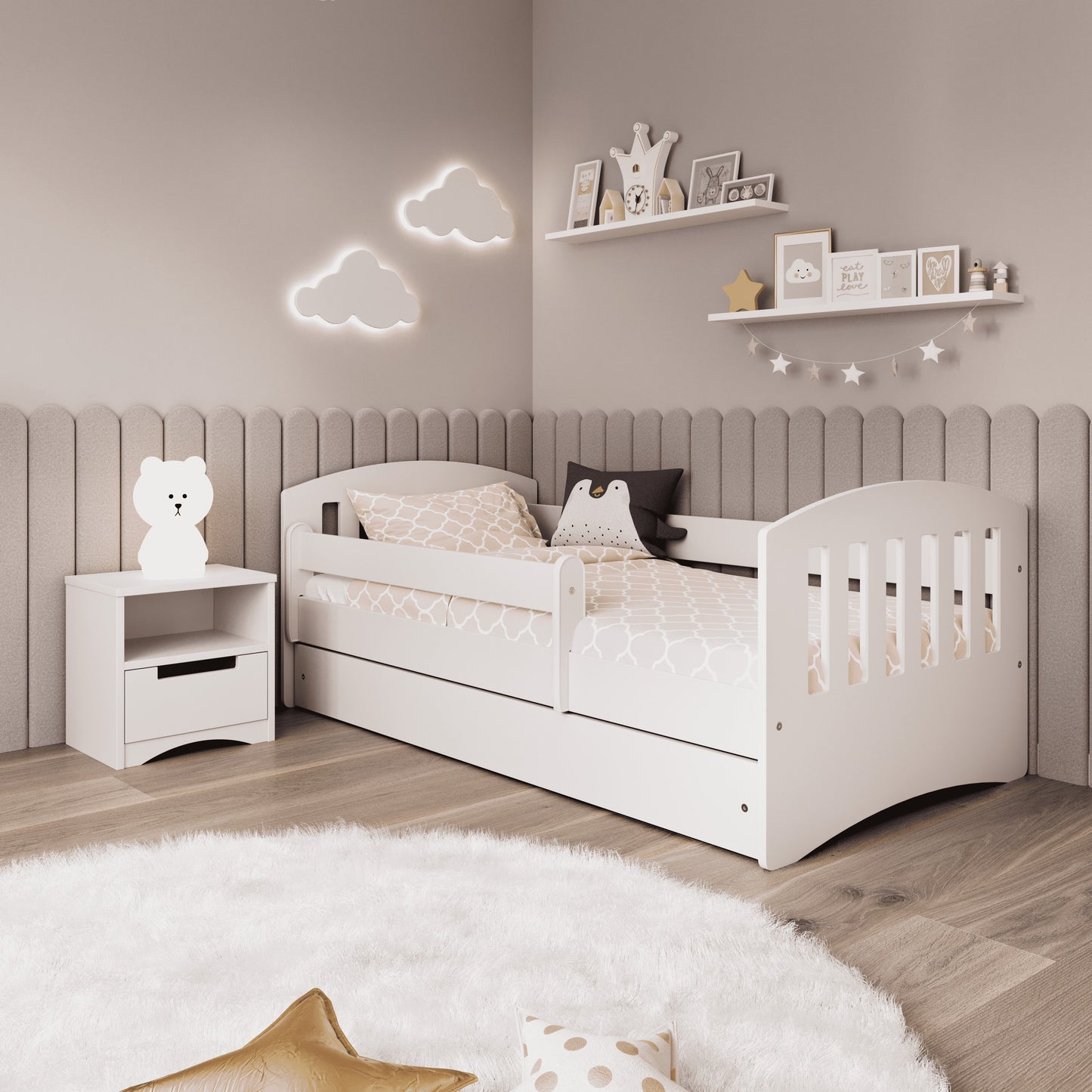 Kocot Kids Classic kinderbed wit met opberglade in sfeervolle kinderkamer