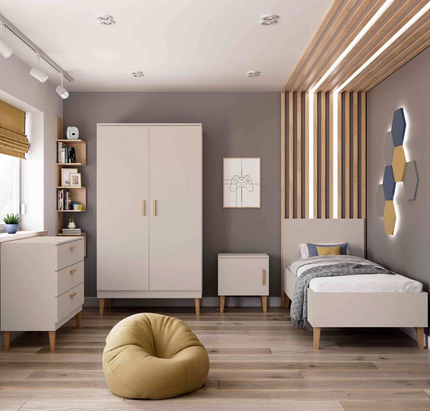 Kocot Kids Kubi kinderbed beige 180x80 gecombineerd met Scandinavische kinderkamermeubels