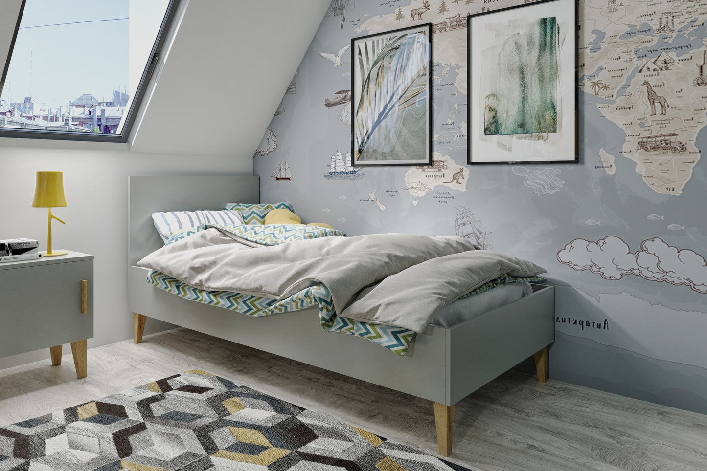 Kocot Kids Kubi kinderbed grijs 180x80 in een Scandinavische kinderkamer