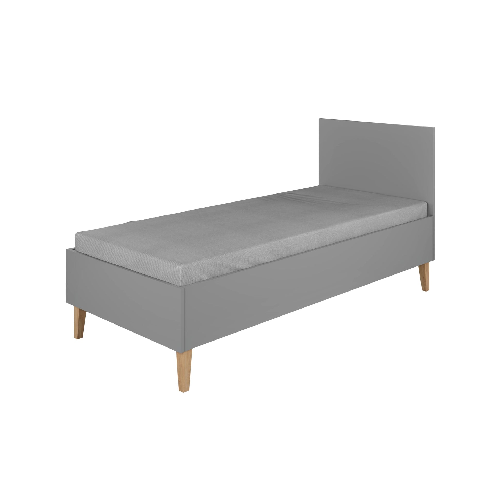 Schuin achteraanzicht van het Kocot Kids Kubi kinderbed grijs 180x80 met eiken poten