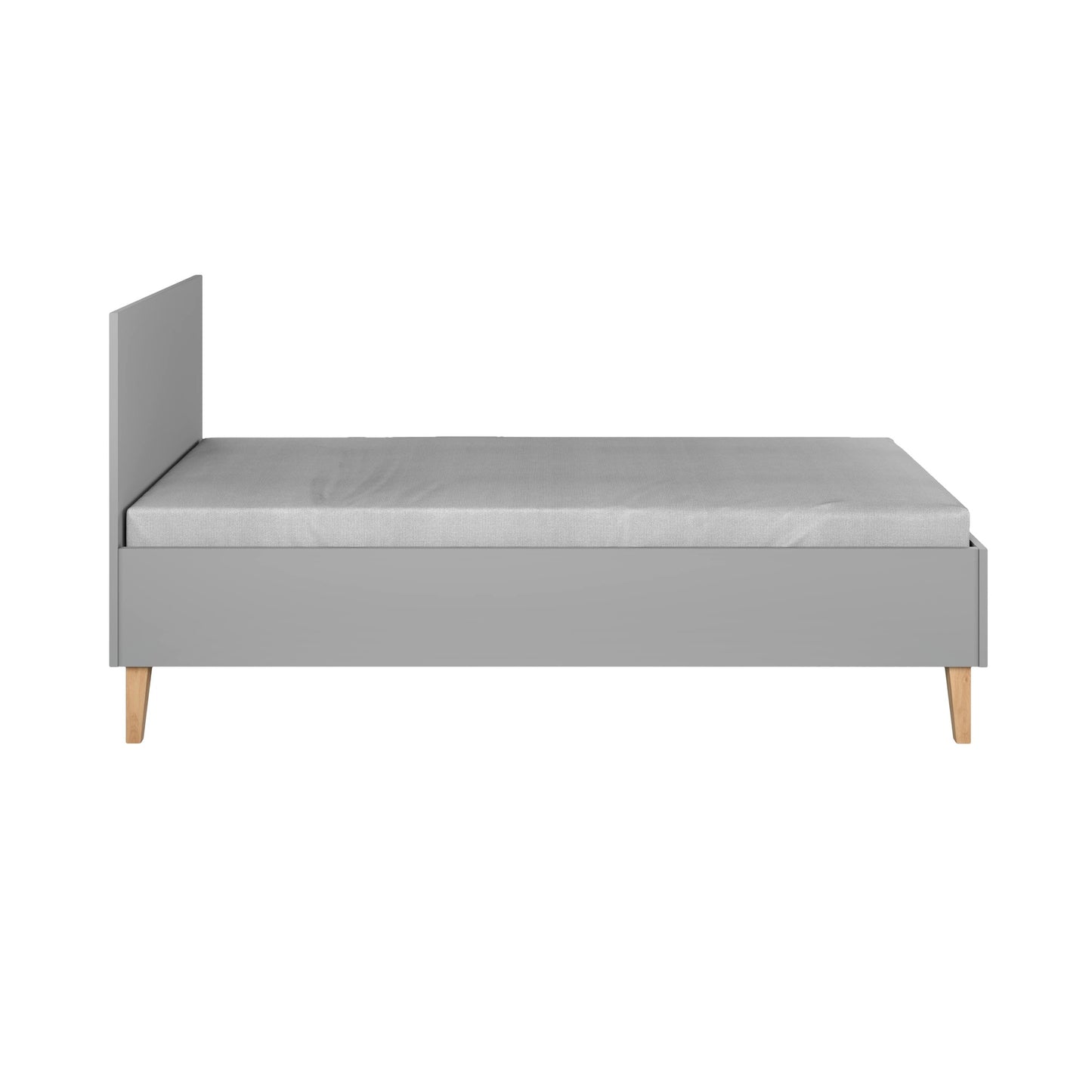 Zijaanzicht van het Kocot Kids Kubi kinderbed grijs 180x80 met eiken poten