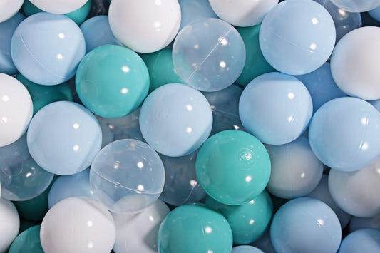 MeowBaby ballenbak ballen in blauw, turquoise, transparant en wit voor sensorisch speelplezier