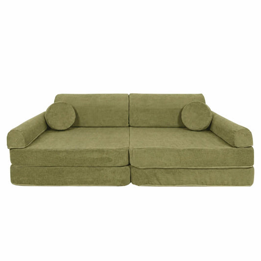 MeowBaby Grote Speelbank Premium Slimcord Lime met zachte groene corduroy bekleding en twee losse poefs