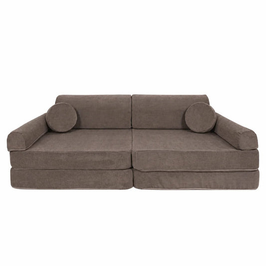 MeowBaby Grote Speelbank Premium Slimcord Taupe met zachte corduroy bekleding en twee losse poefs