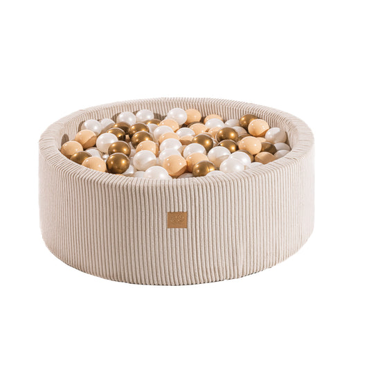 MeowBaby ronde ballenbak fluweel ecru 90x30 cm met 200 ballen in goud, beige en wit