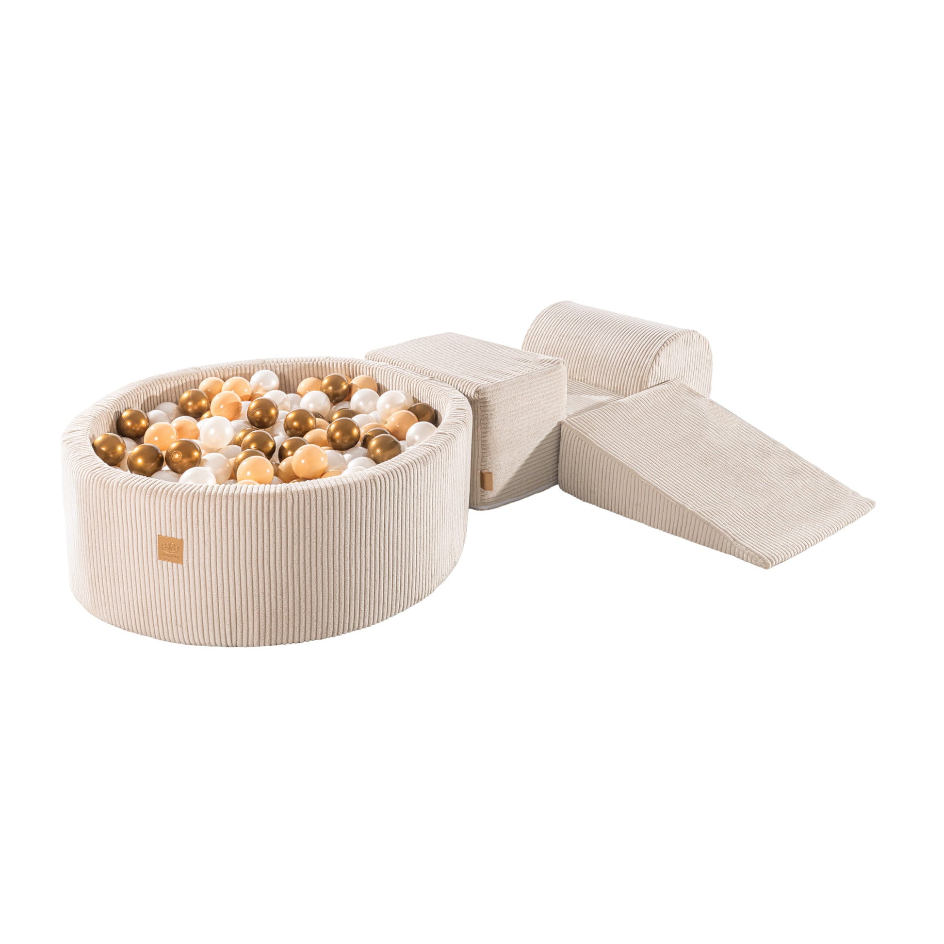 MeowBaby speelset met ballenbak in ecru met parelwitte, beige en gouden ballen