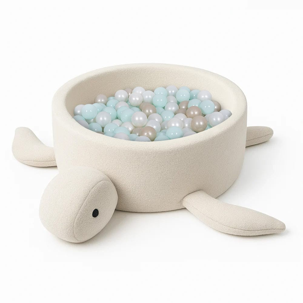MeowBaby Turtle ballenbak Bouclé Cream Beige met babyblauwe, witte en beige ballen