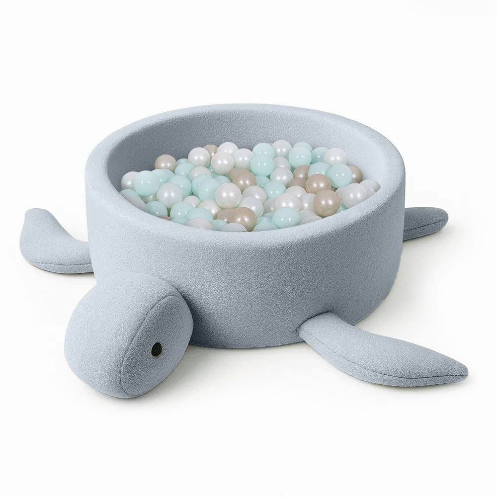 MeowBaby Turtle Ballenbak Bouclé IJsblauw 90 cm met pastel speelballen