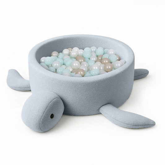 MeowBaby Turtle Ballenbak Bouclé IJsblauw 90 cm met pastel speelballen