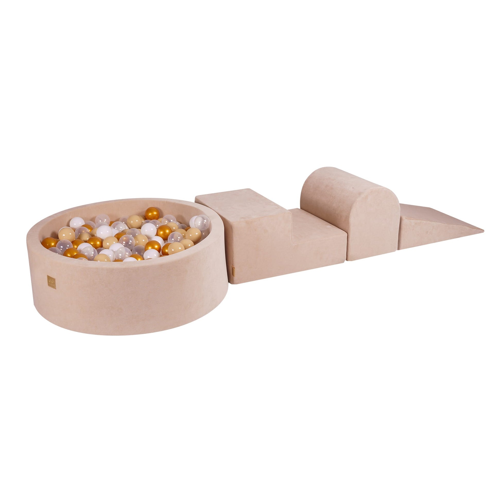 MeowBaby velvet foam speelset met ballenbak en gouden, beige, witte en transparante speelballen voor peuters