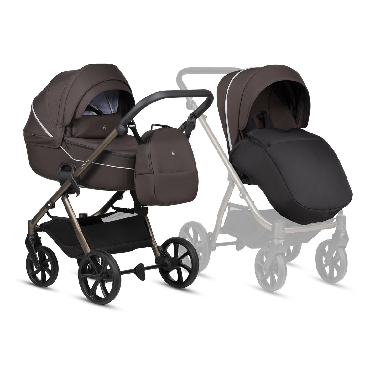 Noordi Fjordi V2 2027 2-in-1 kinderwagen Dark Brown 627 met THERMOCOT reiswieg, grote ALL-ROAD wielen en eco-leather details
