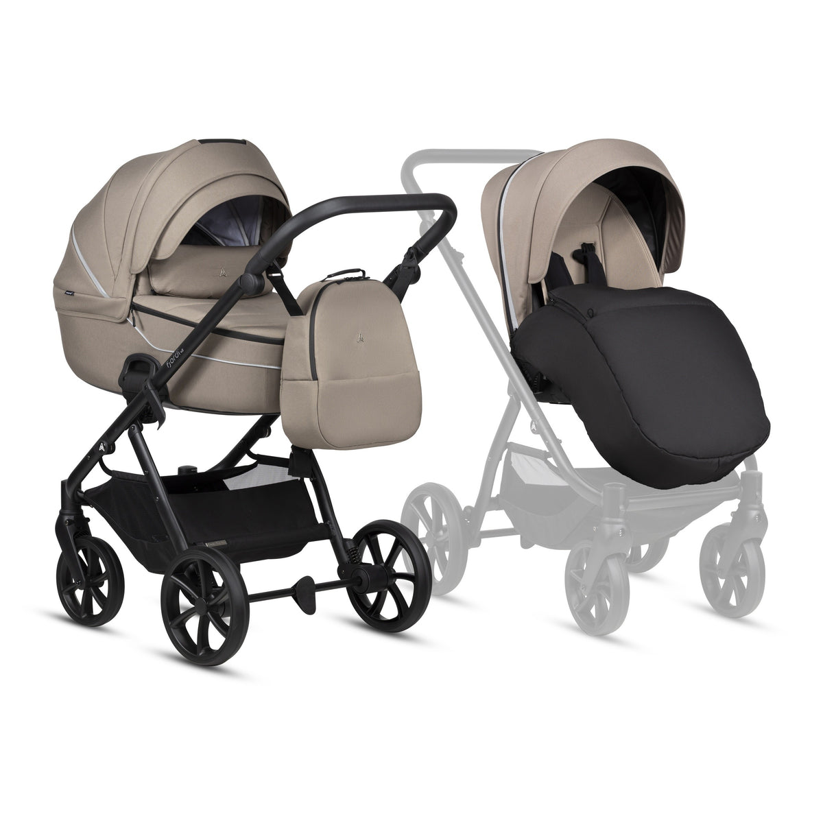 Noordi Fjordi V2 2027 2-in-1 kinderwagen Taupe 172 met THERMOCOT reiswieg, grote ALL-ROAD wielen en eco-leather details