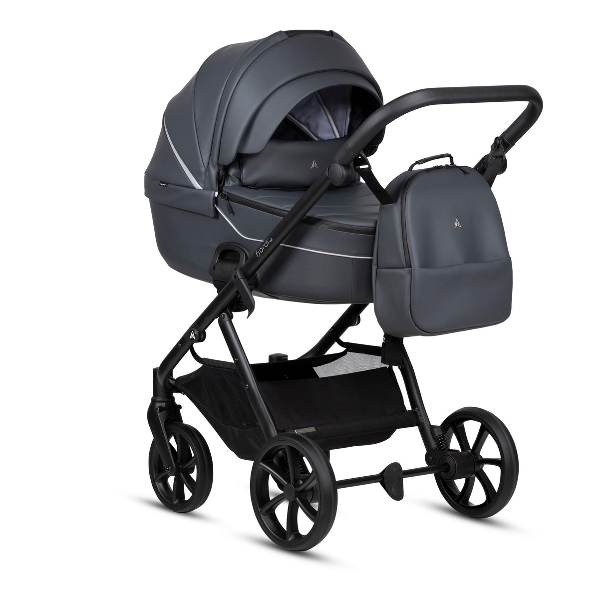 Noordi Fjordi V2 Leather 2027 2-in-1 kinderwagen Shadow Grey 819 met THERMOCOT reiswieg, grote ALL-ROAD wielen en eco-leather details