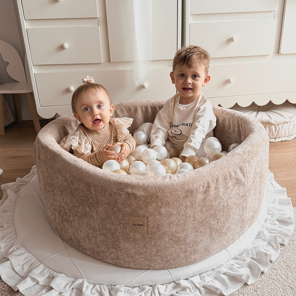 Plush Nest Round Chenille Ball Pool, 90 × 30 cm — Beige, 200 Pearl and Gold Balls, photo 3