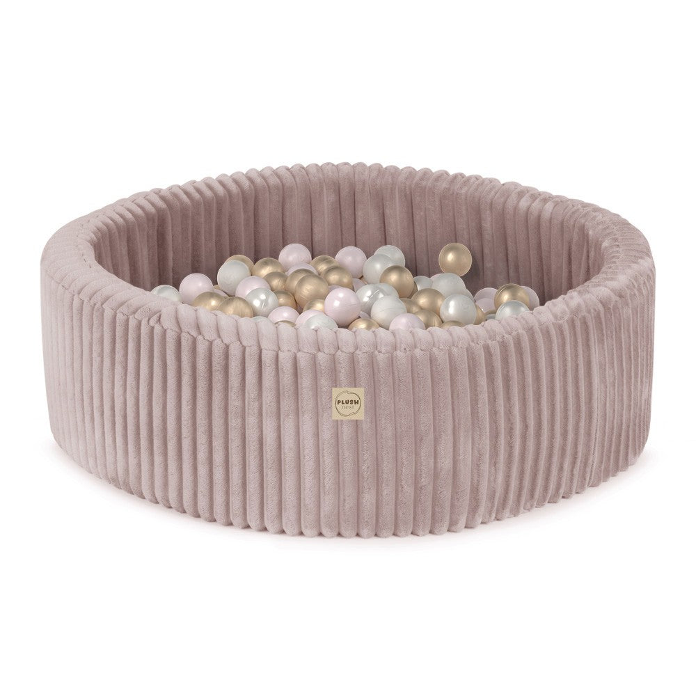 Ronde roze Puffy Lamell ballenbak 90 x 30 cm met 200 parelmoer, lichtroze en gouden speelballen