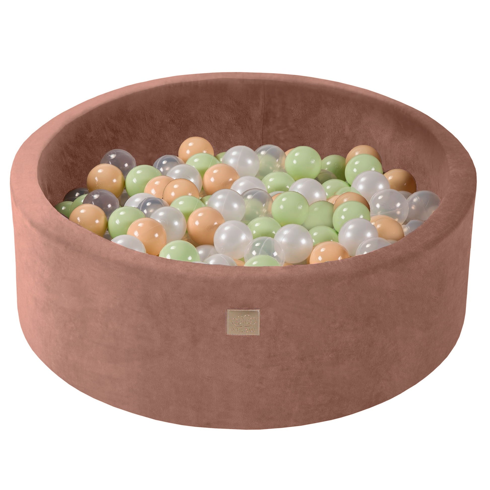 MeowBaby beige velvet ballenbak van 90 cm met 200 lichtgroene, White Pearl, beige en transparante speelballen