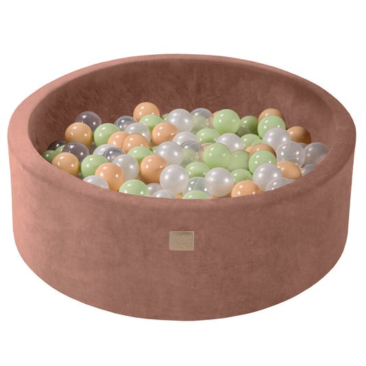 MeowBaby beige velvet ballenbak van 90 cm met 200 lichtgroene, White Pearl, beige en transparante speelballen